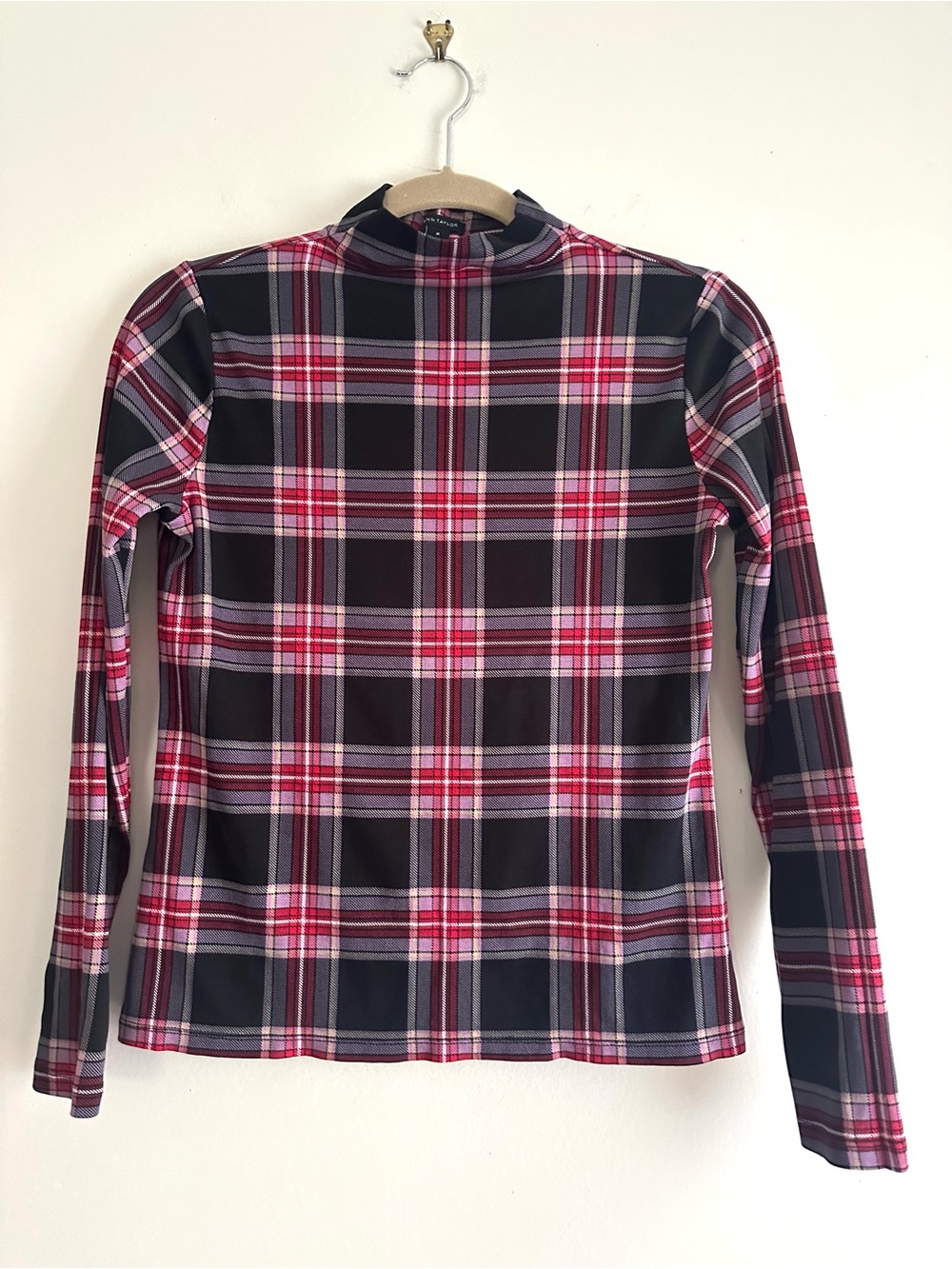 Ann Taylor • Mock Neck Plaid Cotton Long Sleeve Top